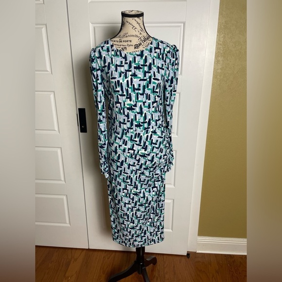 Eliza J Dresses & Skirts - Eliza J NWT Abstract Print Long Sleeve Ruched Sheath Midi Dress Blue Teal Gray